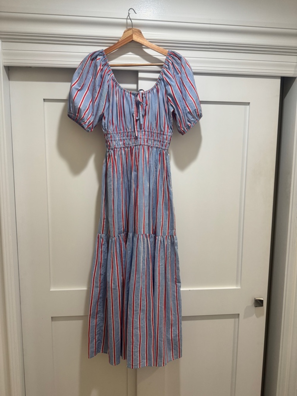 Blue and Red Striped Puff-Sleeve Midi Dress